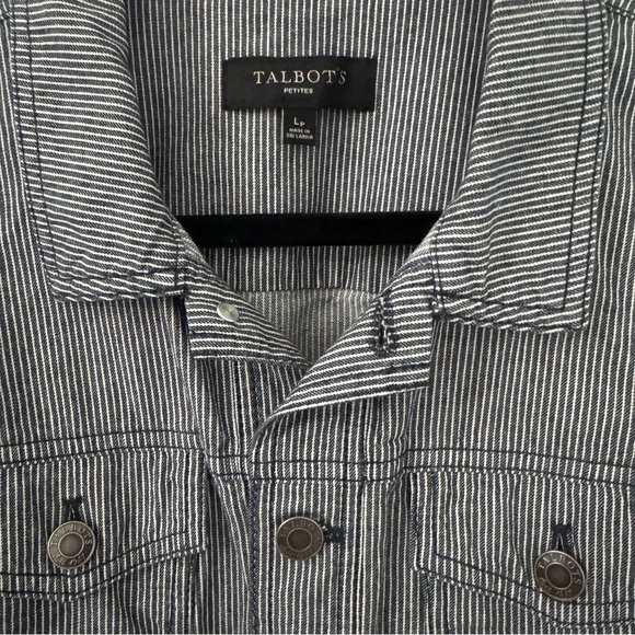 Talbots Petite Jean Jacket Blue White Railroad Thin Pinstripe Denim Collar Large - Picture 4 of 12